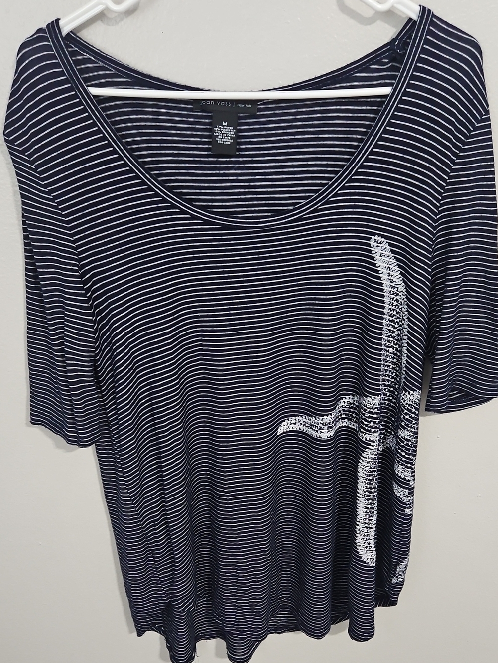 Joan Vass Navy & White Striped Scoop Neck Tee with Starfish